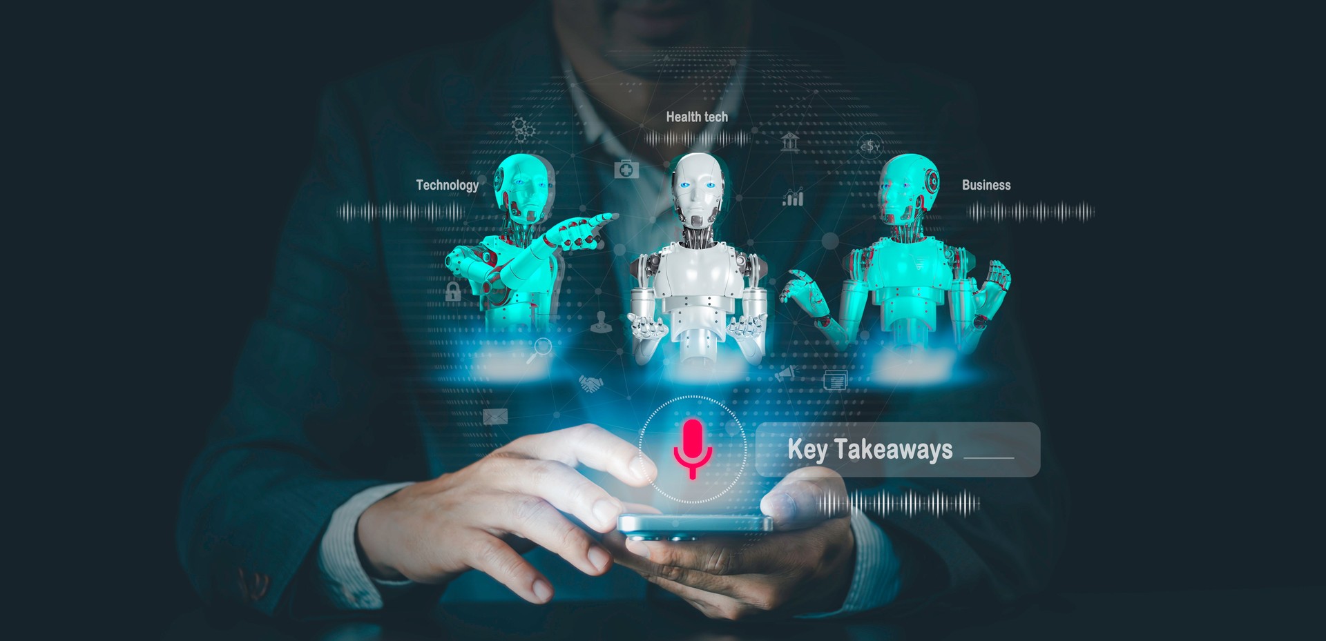 AI agents Key Takeaway concept. Businessmen use voice commands to enable Artificial intelligence to help search engines, Communication responds in real-time voice, and Futuristic technology transformat